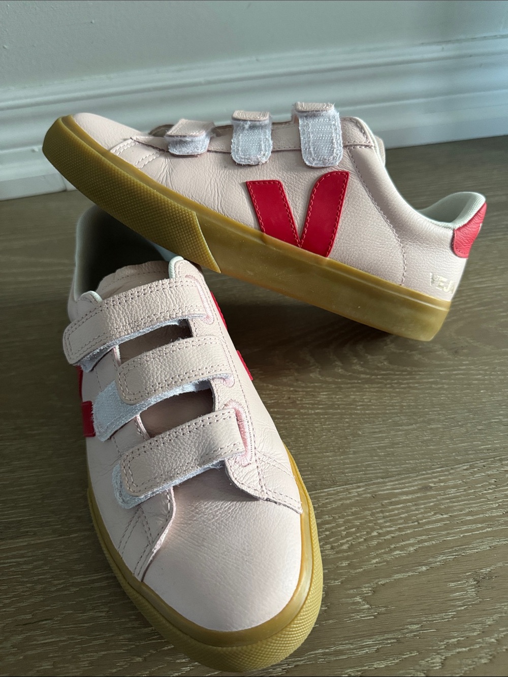 Veja Pink Leather Kids Sneakers with Red V and Gum Sole